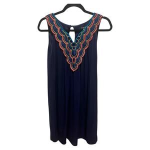 As U Wish Dark Blue Beaded Neck Sleeveless Dress Large Boho Festival Rayon Lined